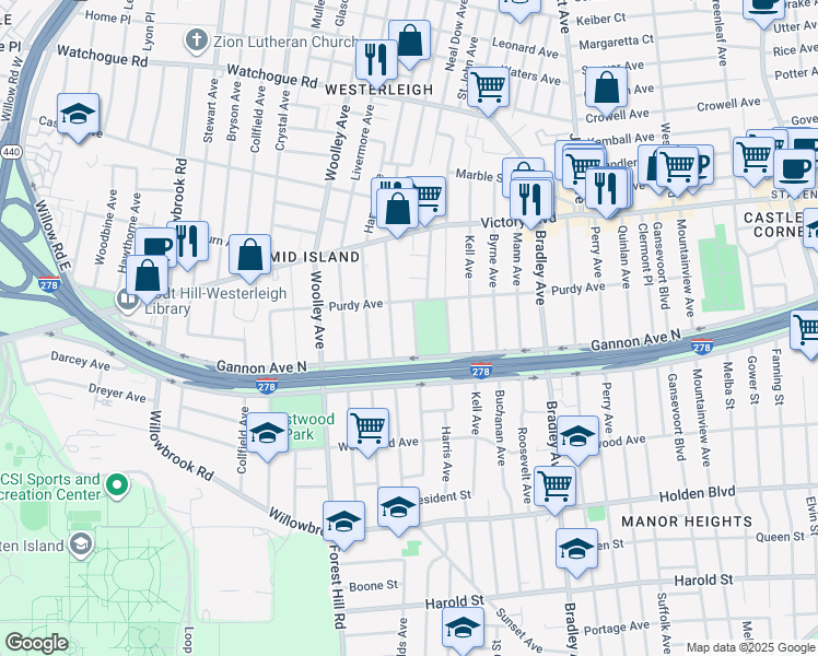 map of restaurants, bars, coffee shops, grocery stores, and more near 84 Warwick Avenue in Staten Island