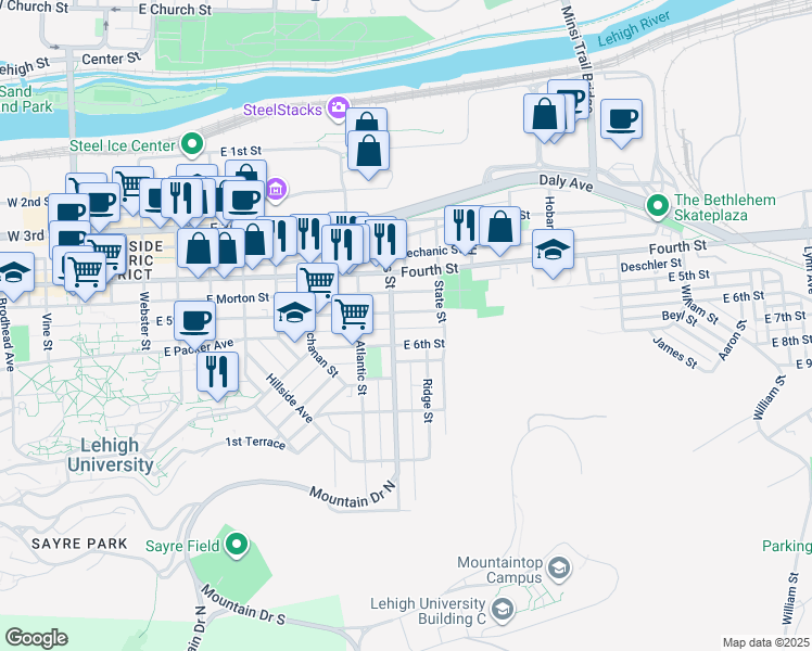 map of restaurants, bars, coffee shops, grocery stores, and more near 911 Laufer Street in Bethlehem