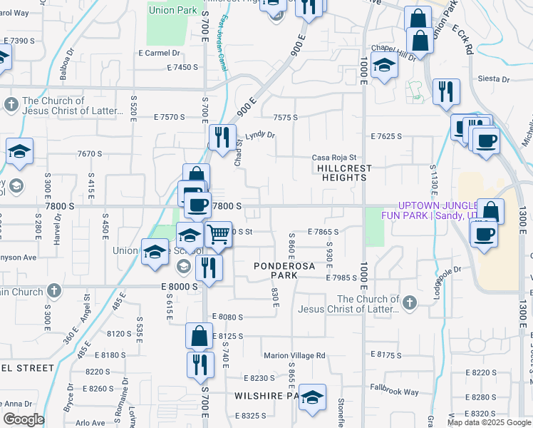 map of restaurants, bars, coffee shops, grocery stores, and more near 7818 S Ponderosa Way in Sandy