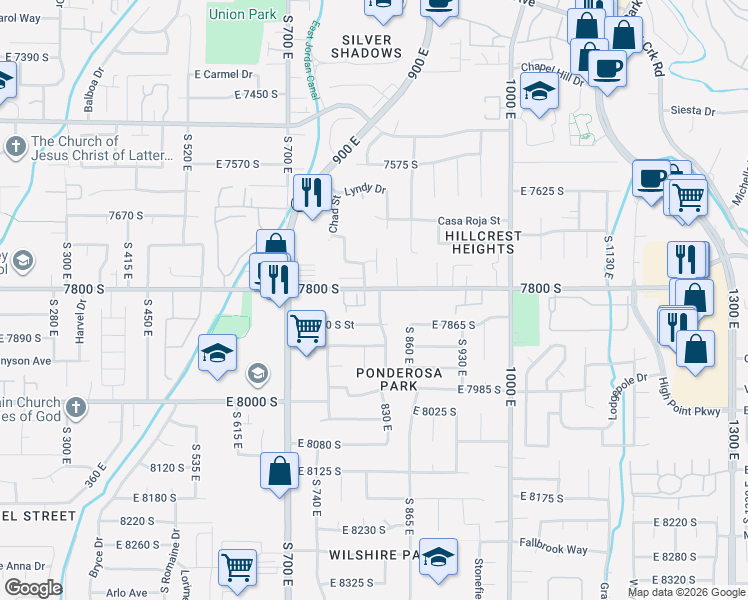 map of restaurants, bars, coffee shops, grocery stores, and more near 7818 S Ponderosa Way in Sandy