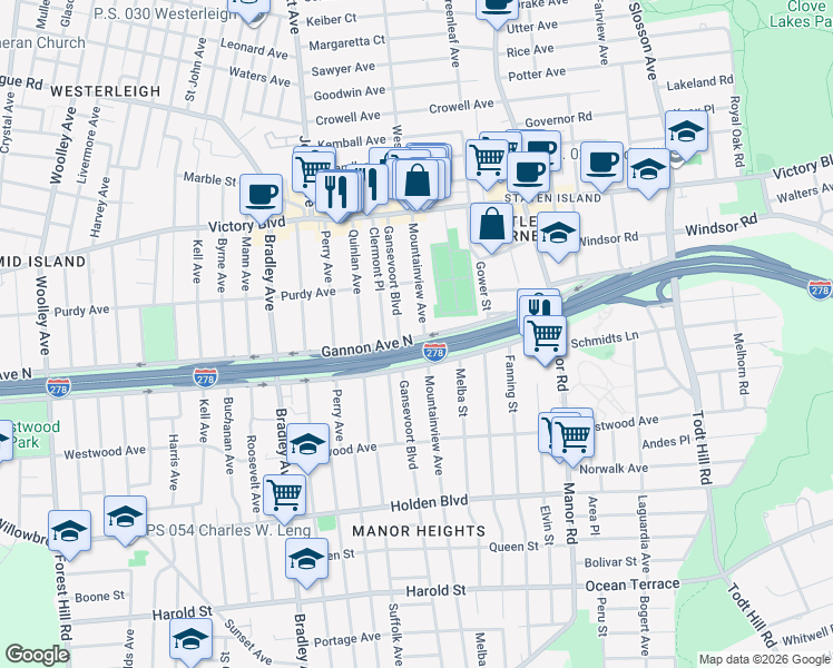 map of restaurants, bars, coffee shops, grocery stores, and more near 123 Gansevoort Boulevard in Staten Island