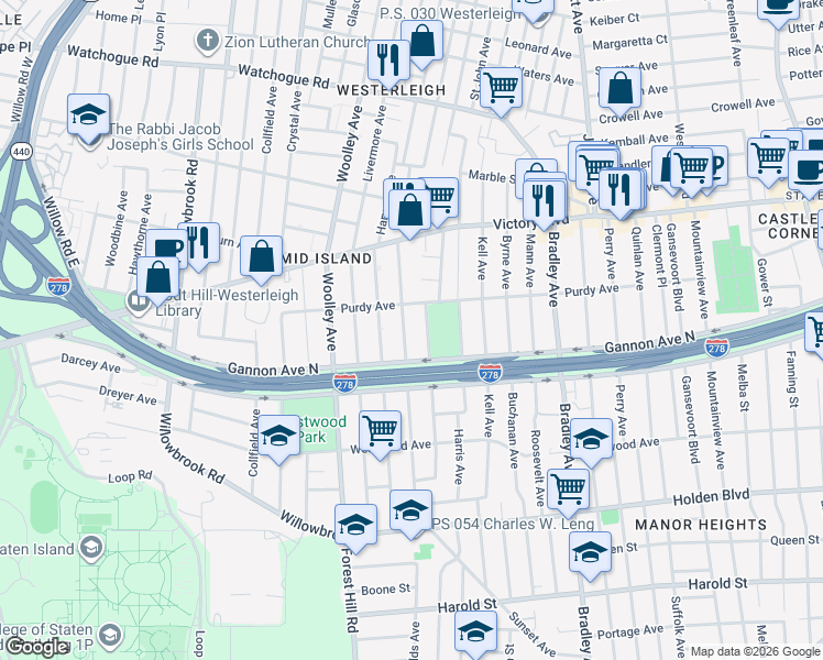 map of restaurants, bars, coffee shops, grocery stores, and more near 84 Warwick Avenue in Staten Island