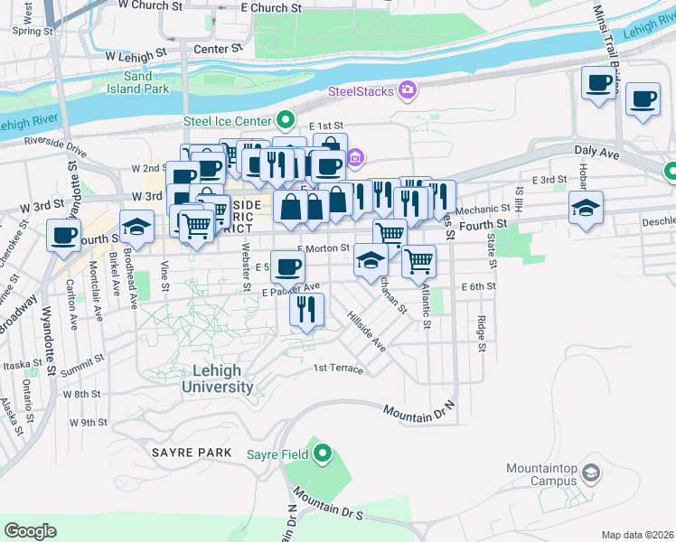 map of restaurants, bars, coffee shops, grocery stores, and more near 429 East 5th Street in Bethlehem