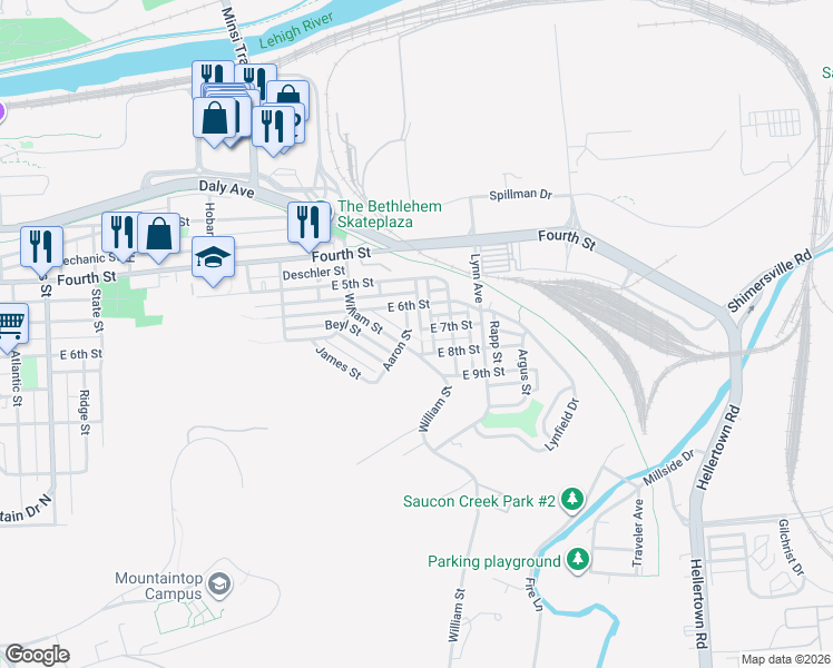map of restaurants, bars, coffee shops, grocery stores, and more near 618 Aaron Street in Bethlehem