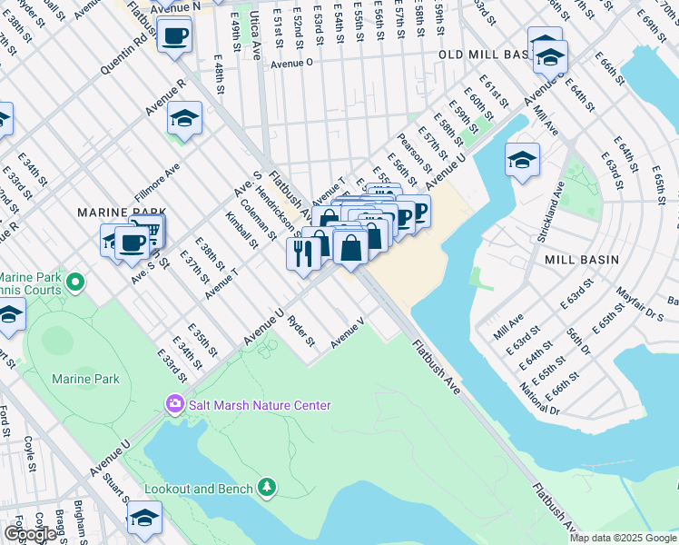 map of restaurants, bars, coffee shops, grocery stores, and more near 2475 Flatbush Avenue in Brooklyn
