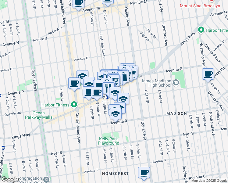 map of restaurants, bars, coffee shops, grocery stores, and more near 1712 Kings Highway in Brooklyn