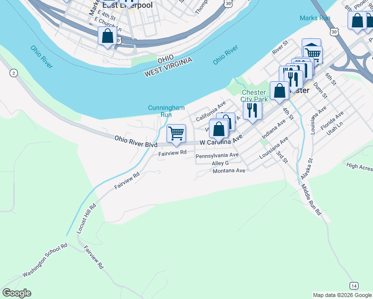 map of restaurants, bars, coffee shops, grocery stores, and more near 114-132 W Carolina Ave in Chester