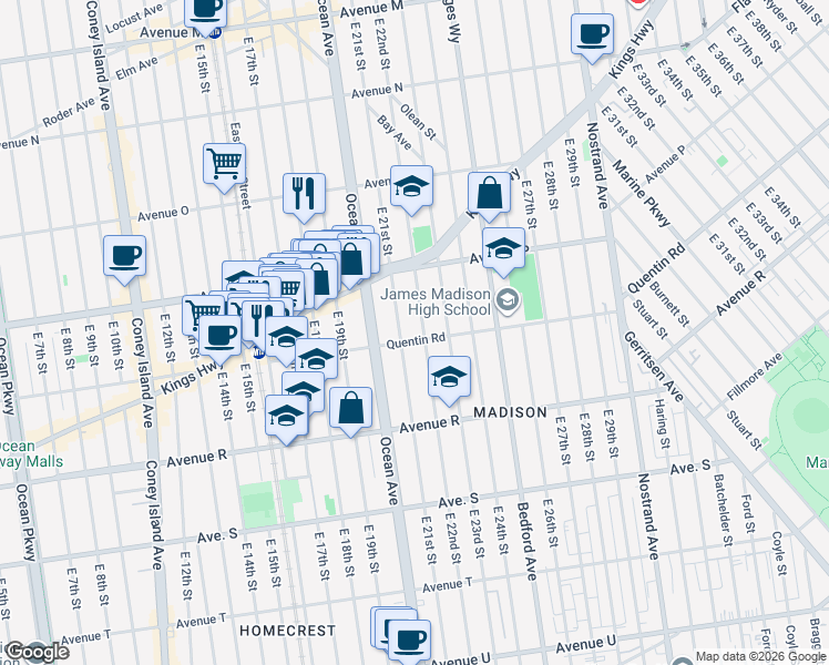 map of restaurants, bars, coffee shops, grocery stores, and more near 1726 East 22nd Street in Brooklyn