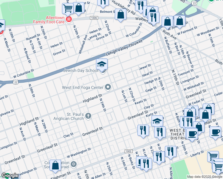 map of restaurants, bars, coffee shops, grocery stores, and more near 1118 North 23rd Street in Allentown