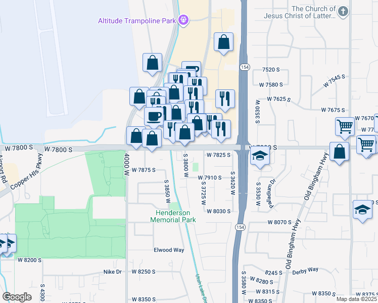 map of restaurants, bars, coffee shops, grocery stores, and more near 7823 South 3800 West in West Jordan