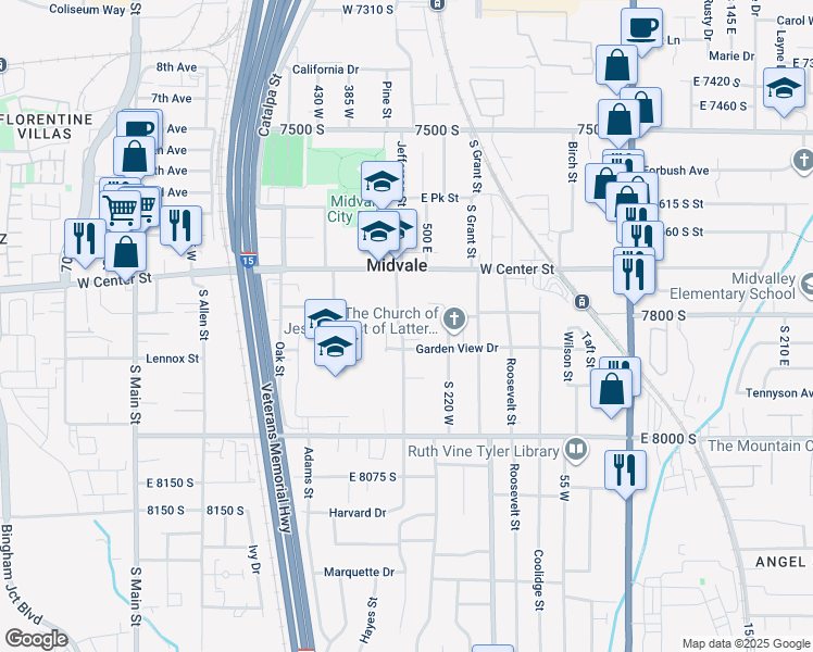 map of restaurants, bars, coffee shops, grocery stores, and more near 7825 South Pioneer Street in Midvale