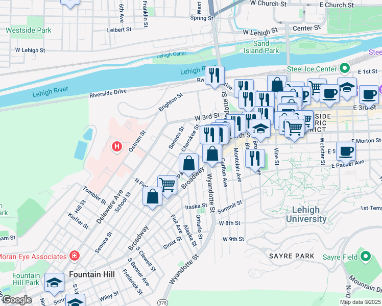 map of restaurants, bars, coffee shops, grocery stores, and more near 614 Dakotah Street in Bethlehem