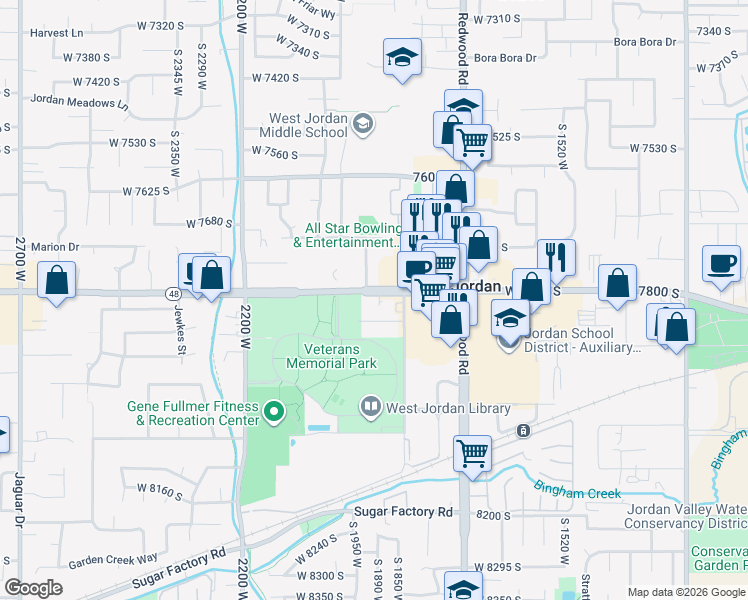 map of restaurants, bars, coffee shops, grocery stores, and more near 1875 West 7800 South in West Jordan