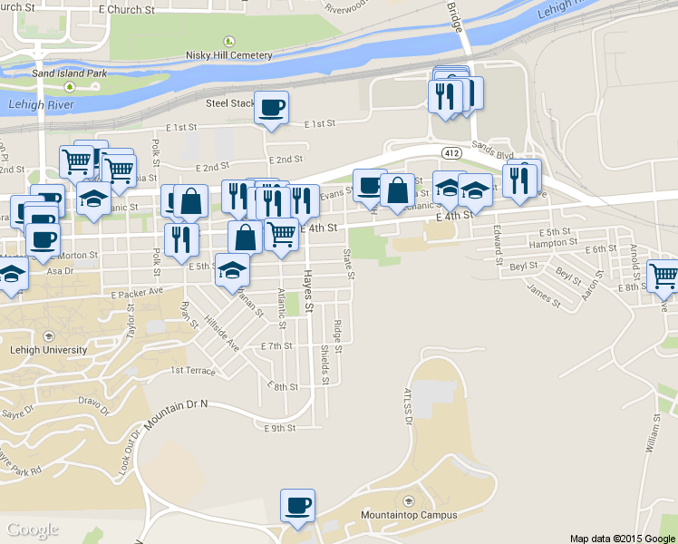 map of restaurants, bars, coffee shops, grocery stores, and more near 937 Laufer Street in Bethlehem