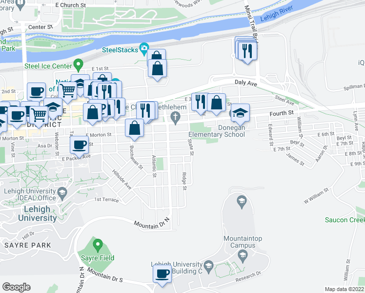 map of restaurants, bars, coffee shops, grocery stores, and more near 931 Laufer Street in Bethlehem