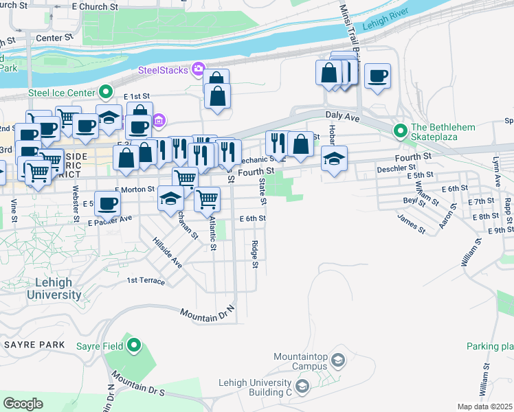 map of restaurants, bars, coffee shops, grocery stores, and more near 937 Laufer Street in Bethlehem