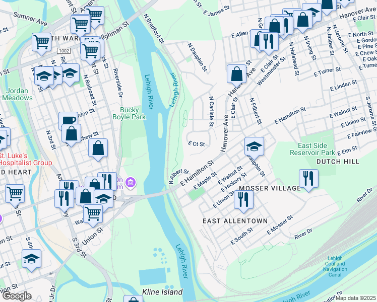 map of restaurants, bars, coffee shops, grocery stores, and more near 209 East Howe Street in Allentown