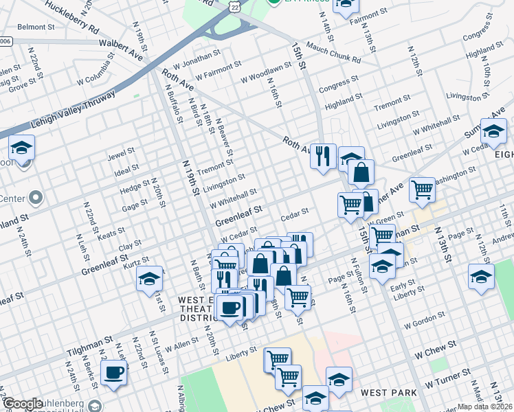 map of restaurants, bars, coffee shops, grocery stores, and more near 1730 West Whitehall Street in Allentown
