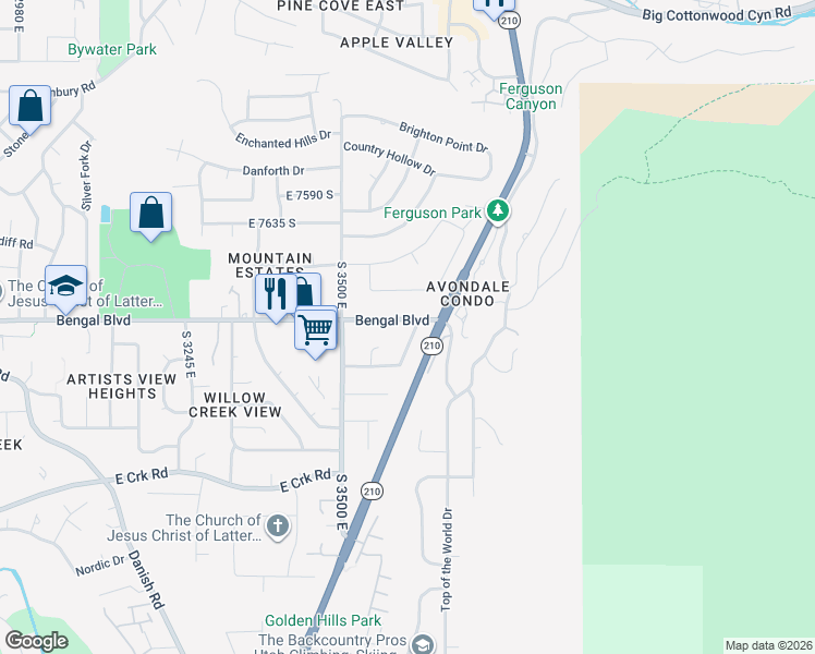 map of restaurants, bars, coffee shops, grocery stores, and more near 3608 Bengal Boulevard in Cottonwood Heights
