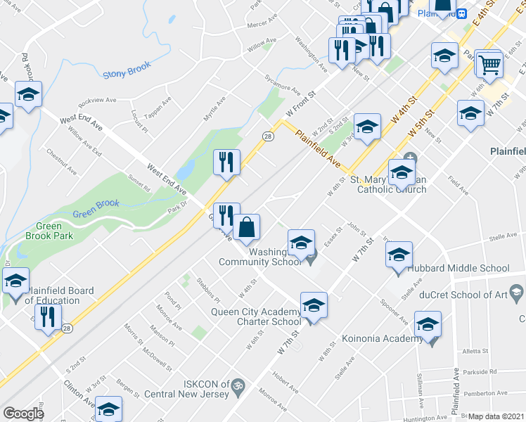 map of restaurants, bars, coffee shops, grocery stores, and more near 200 Spooner Avenue in Plainfield