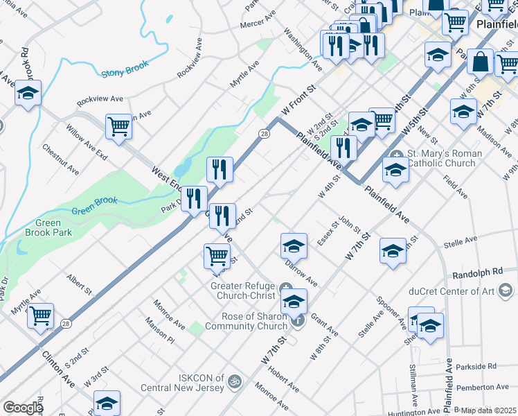 map of restaurants, bars, coffee shops, grocery stores, and more near 200 Spooner Avenue in Plainfield