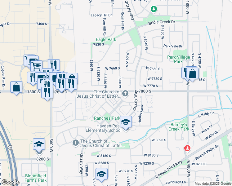 map of restaurants, bars, coffee shops, grocery stores, and more near 7869 Cool Creek Way in West Jordan