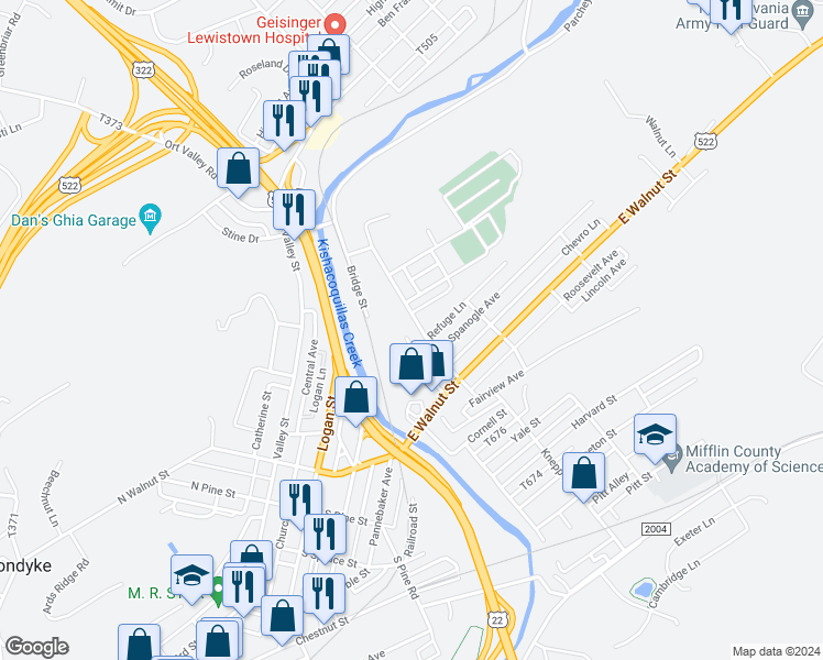 map of restaurants, bars, coffee shops, grocery stores, and more near 117 Spring Street in Lewistown