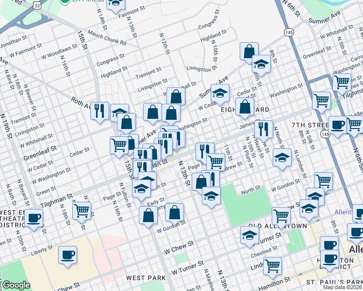 map of restaurants, bars, coffee shops, grocery stores, and more near 719 North Jefferson Street in Allentown