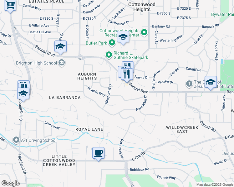 map of restaurants, bars, coffee shops, grocery stores, and more near 2505 Dolphin Way in Cottonwood Heights