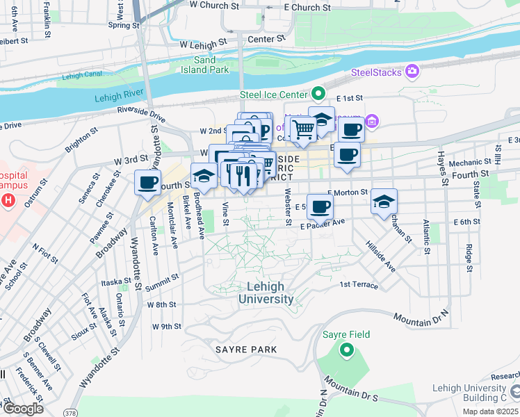 map of restaurants, bars, coffee shops, grocery stores, and more near Asa Drive in Bethlehem