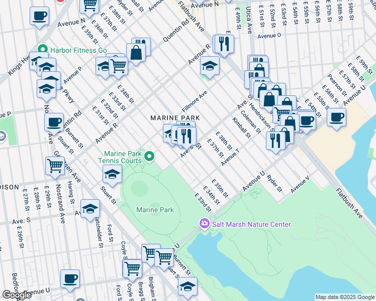 map of restaurants, bars, coffee shops, grocery stores, and more near E 35th St & Avenue S in Brooklyn