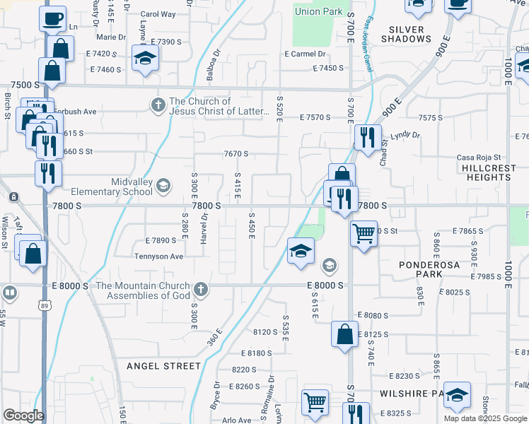 map of restaurants, bars, coffee shops, grocery stores, and more near 482 7800 South in Midvale