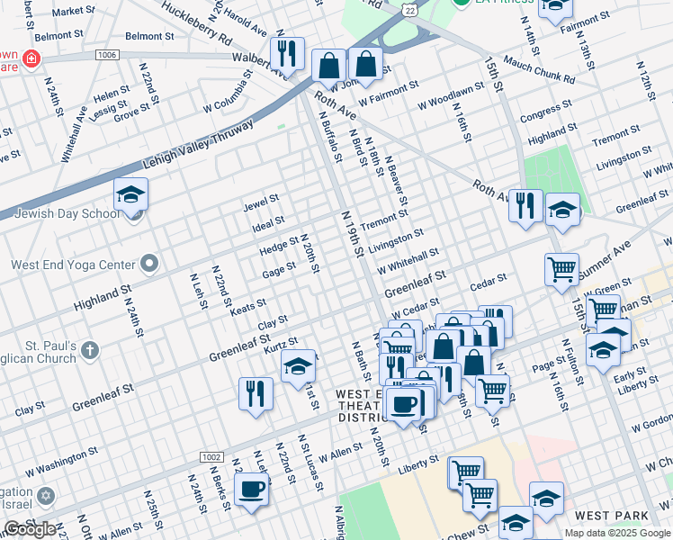 map of restaurants, bars, coffee shops, grocery stores, and more near 1916 Livingston Street in Allentown
