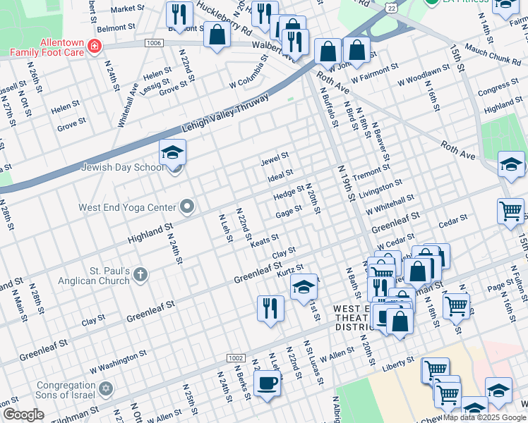 map of restaurants, bars, coffee shops, grocery stores, and more near 1013 North Saint Lucas Street in Allentown