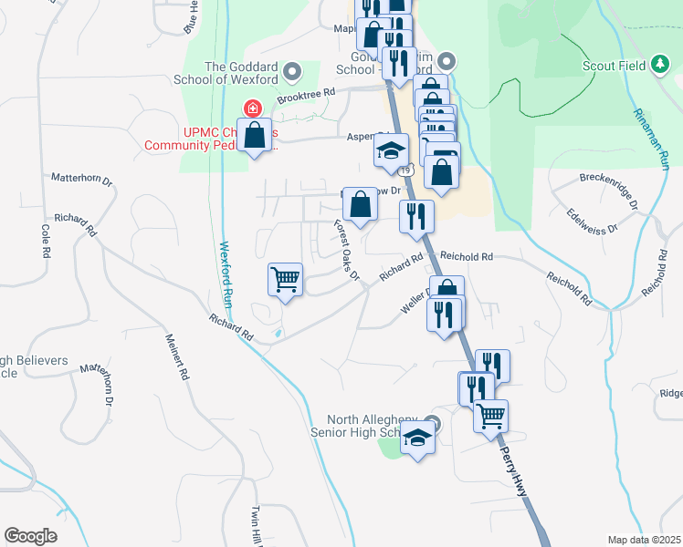 map of restaurants, bars, coffee shops, grocery stores, and more near 902 Forest Edge Court in Wexford