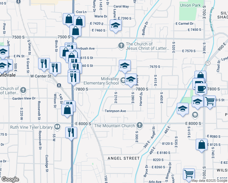 map of restaurants, bars, coffee shops, grocery stores, and more near 202 ⛉ East 7800 South in Midvale