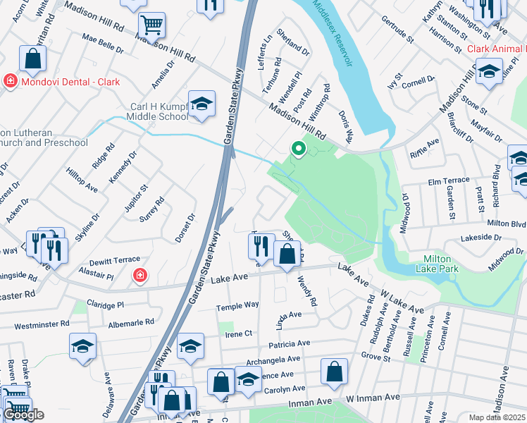 map of restaurants, bars, coffee shops, grocery stores, and more near 94 Hayes Avenue in Clark