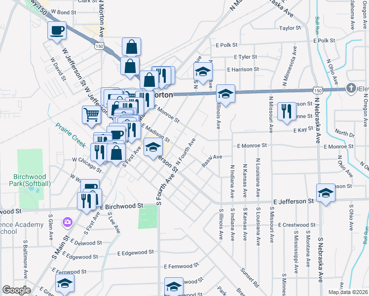 map of restaurants, bars, coffee shops, grocery stores, and more near 209 North Fourth Avenue in Morton