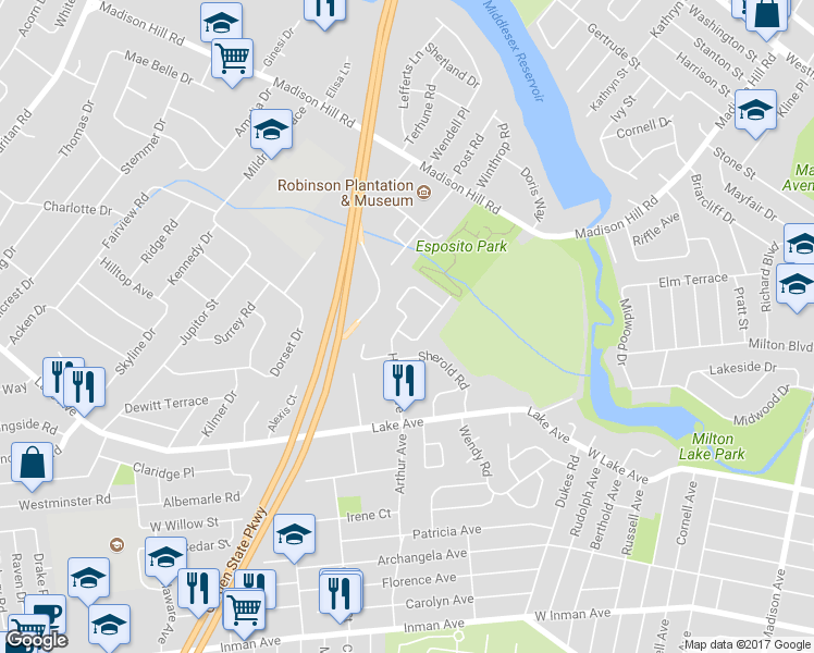 map of restaurants, bars, coffee shops, grocery stores, and more near 94 Hayes Avenue in Clark