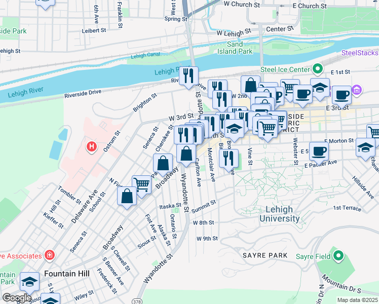 map of restaurants, bars, coffee shops, grocery stores, and more near 430 Wyandotte Street in Bethlehem