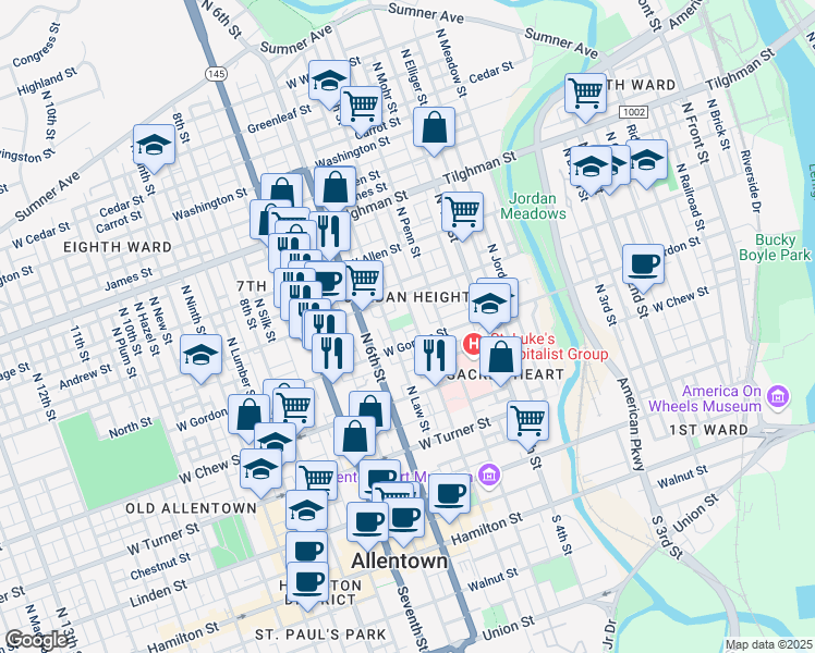 map of restaurants, bars, coffee shops, grocery stores, and more near in Allentown