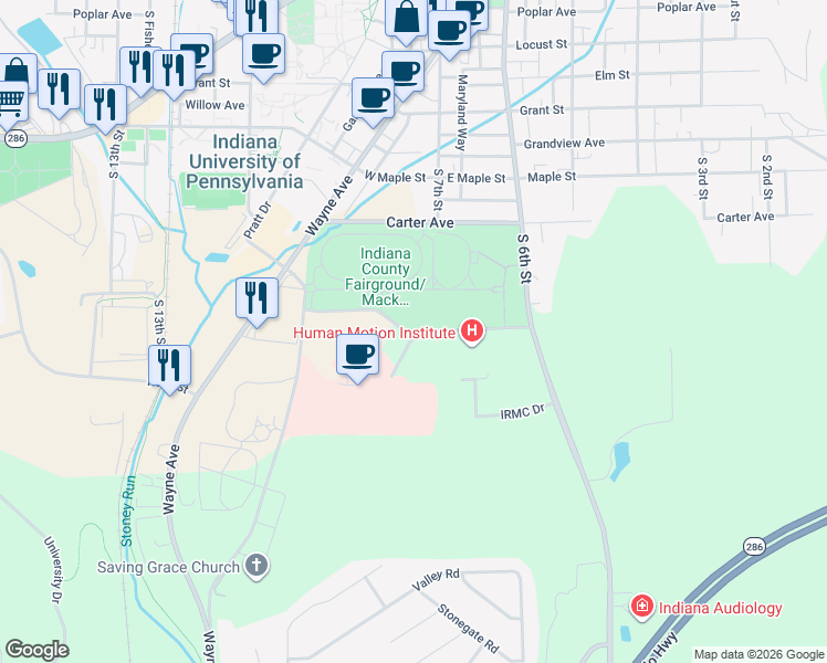 map of restaurants, bars, coffee shops, grocery stores, and more near Hospital Drive in Indiana