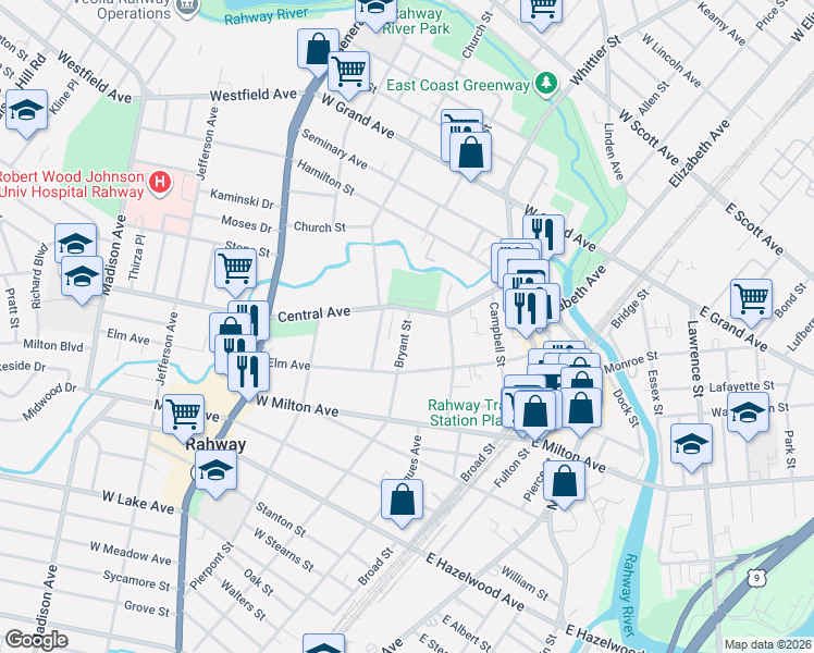 map of restaurants, bars, coffee shops, grocery stores, and more near 1384 Bryant Street in Rahway