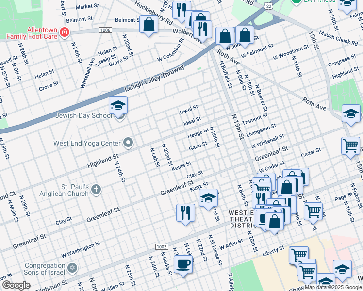 map of restaurants, bars, coffee shops, grocery stores, and more near 1013 North Saint Lucas Street in Allentown
