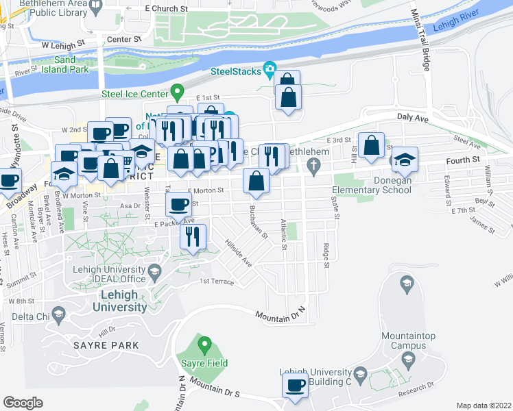 map of restaurants, bars, coffee shops, grocery stores, and more near 706 East 5th Street in Bethlehem