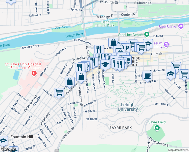 map of restaurants, bars, coffee shops, grocery stores, and more near 425 Montclair Avenue in Bethlehem