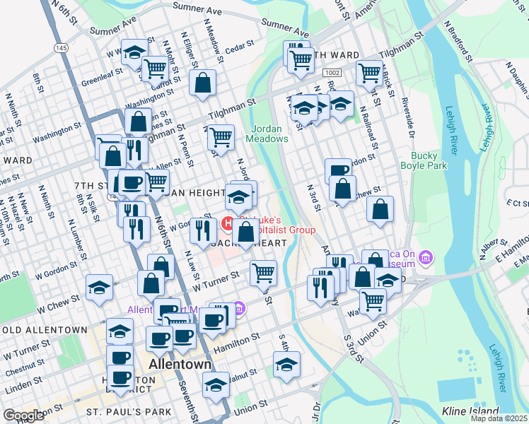 map of restaurants, bars, coffee shops, grocery stores, and more near 333 North Jordan Street in Allentown