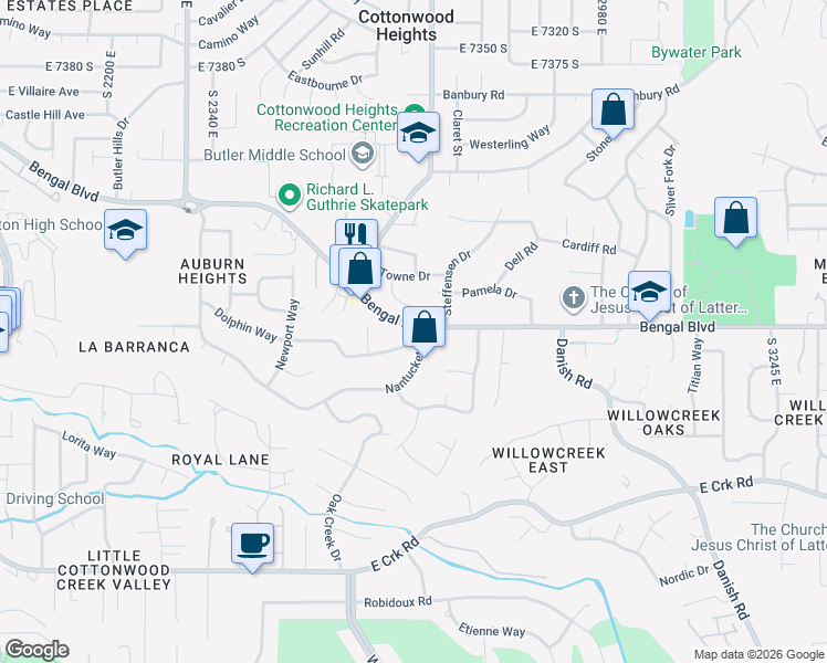 map of restaurants, bars, coffee shops, grocery stores, and more near 7766 Towne Circle in Salt Lake City