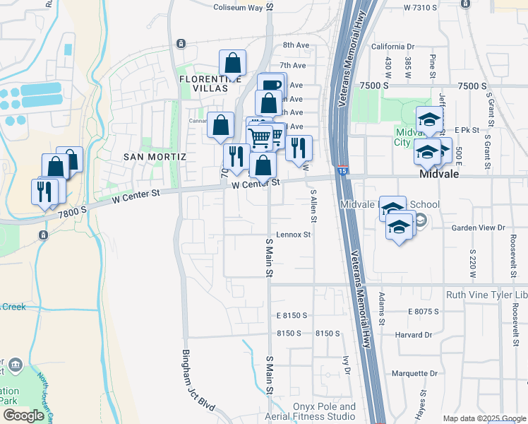 map of restaurants, bars, coffee shops, grocery stores, and more near 7804 Main Street in Midvale