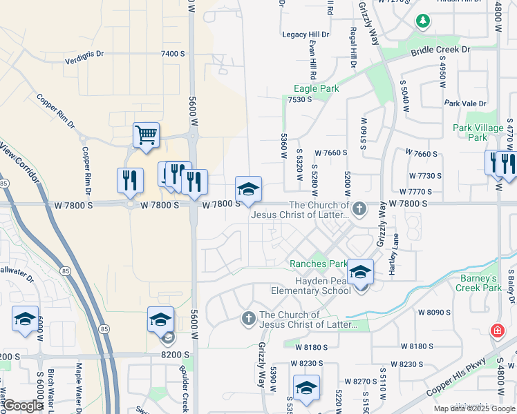 map of restaurants, bars, coffee shops, grocery stores, and more near 5459 West 7800 South in West Jordan
